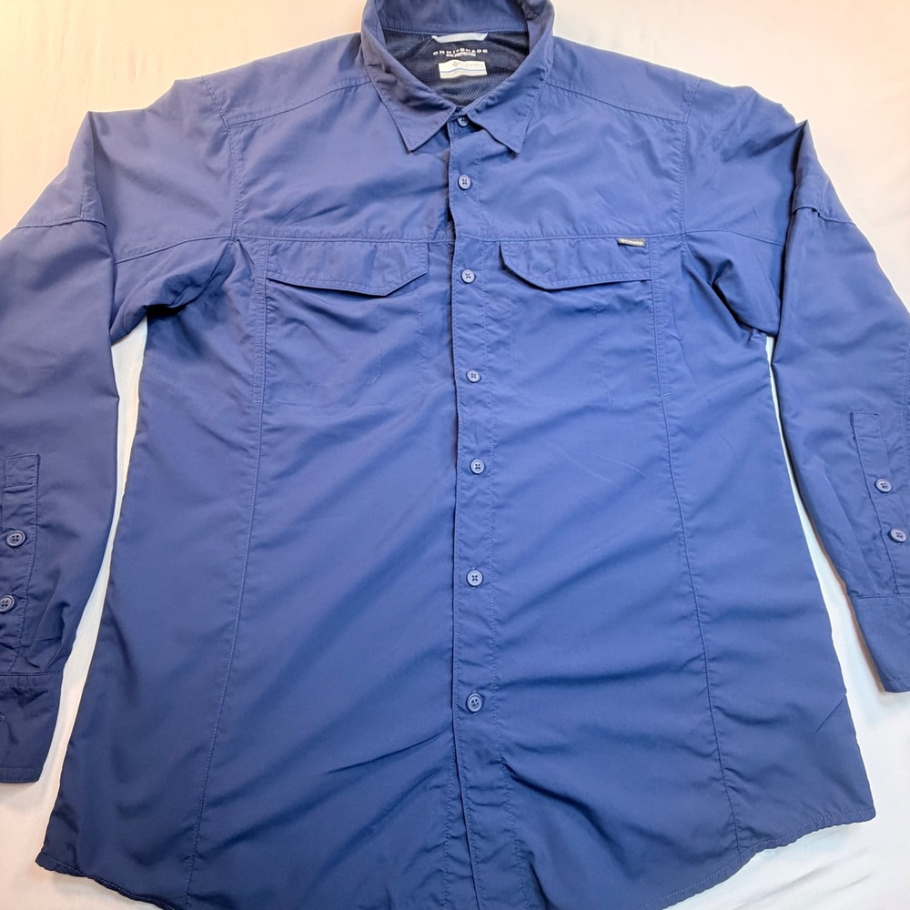 Columbia Omni Shade Shirt Mens Large Blue Fishing Hiking Vented Button